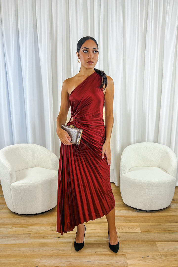 Nina Asymmetrical Pleated Dress In Merlot