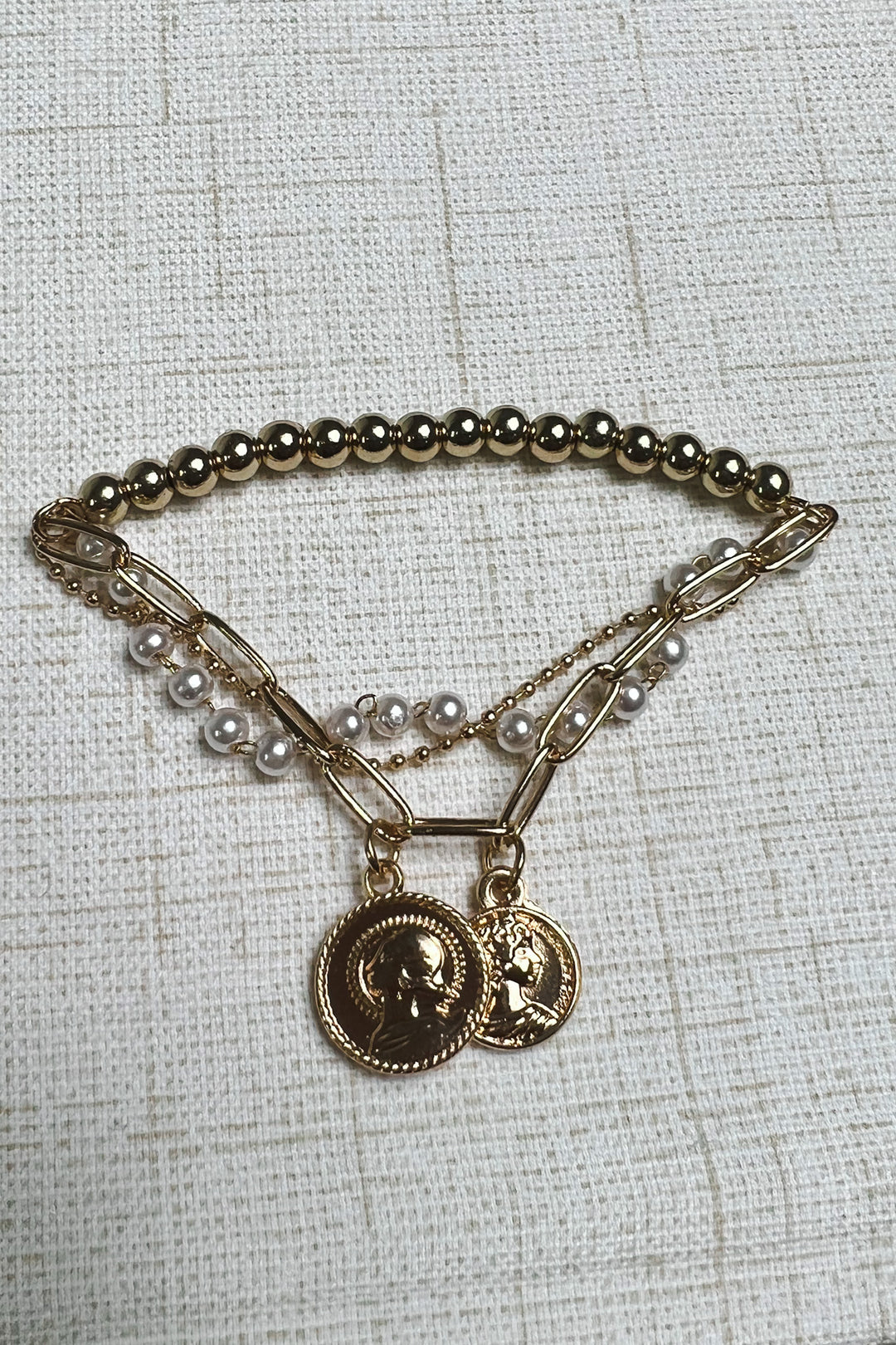 Coin Charm Pearl Beaded Stretch Bracelet